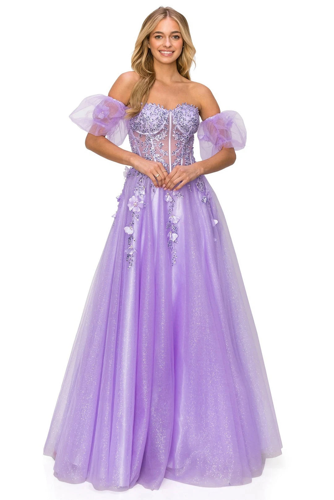 Enchanting A-Line Sweetheart Puff Sleeve Floral Corset Lavender Long Prom Dresses Women