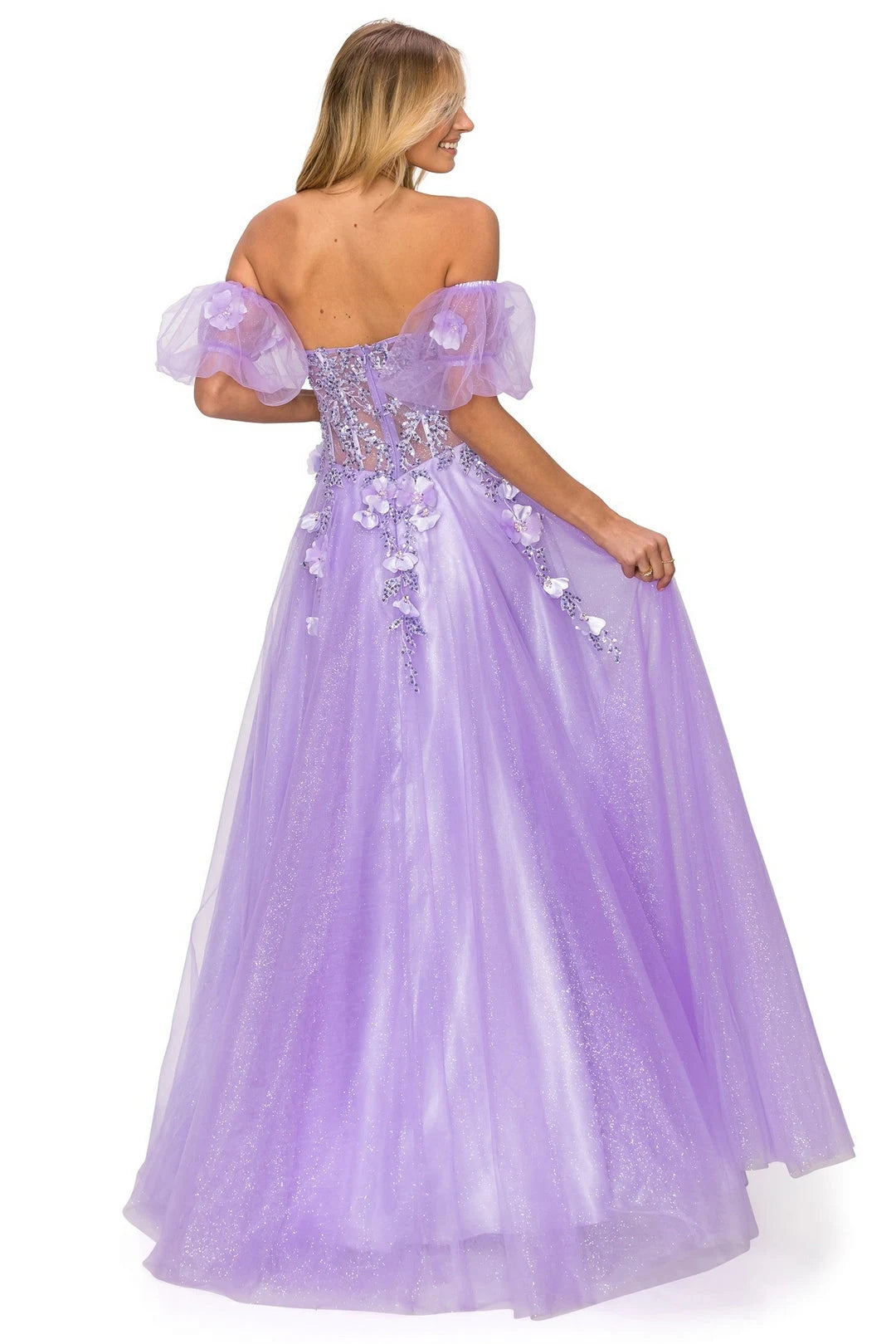 Enchanting A-Line Sweetheart Puff Sleeve Floral Corset Lavender Long Prom Dresses Women
