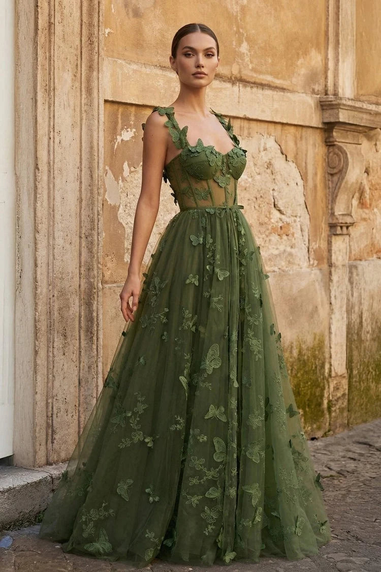 Enchanting A-Line Sweetheart Sleeveless Butterfly Corset Olive Green Floor Prom Dresses Women's Gown