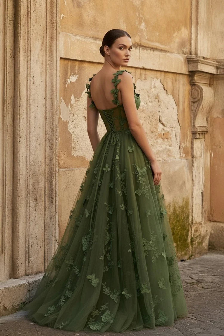 Enchanting A-Line Sweetheart Sleeveless Butterfly Corset Olive Green Floor Prom Dresses Women's Gown