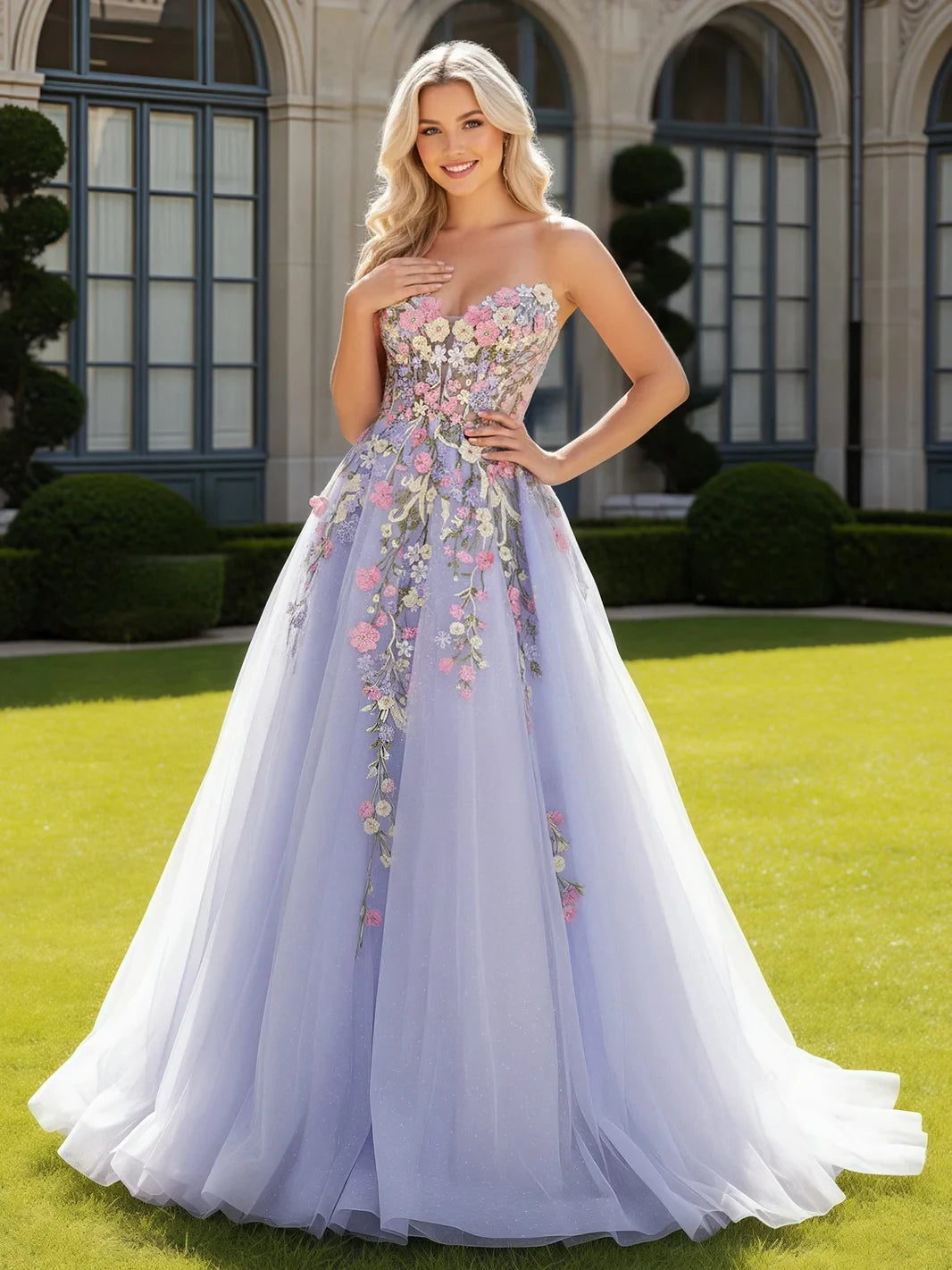 Enchanting A-Line Sweetheart Sleeveless Floral Embroidered Lavender Floor-Length Prom Gown