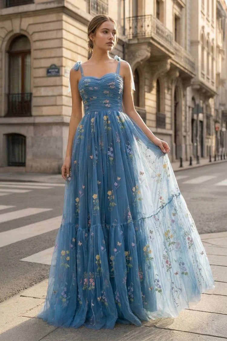 Enchanting A-Line Sweetheart Sleeveless Floral Tiered Dusty Blue Floor-Length Prom Gown