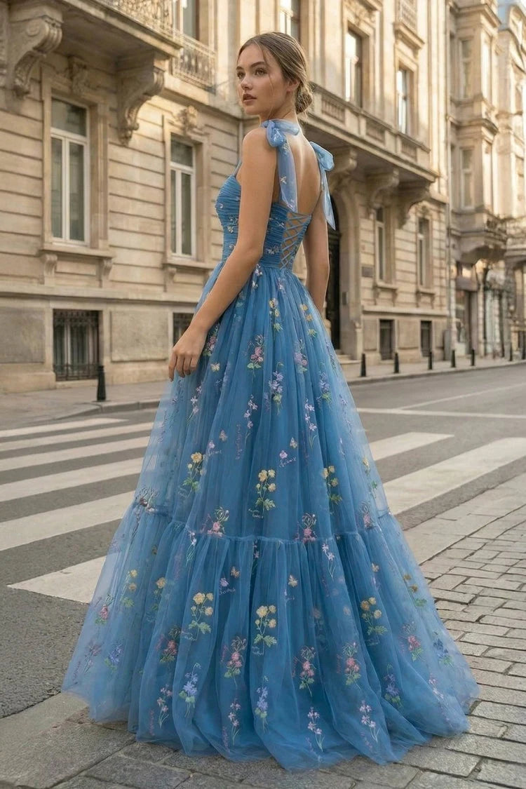 Enchanting A-Line Sweetheart Sleeveless Floral Tiered Dusty Blue Floor-Length Prom Gown