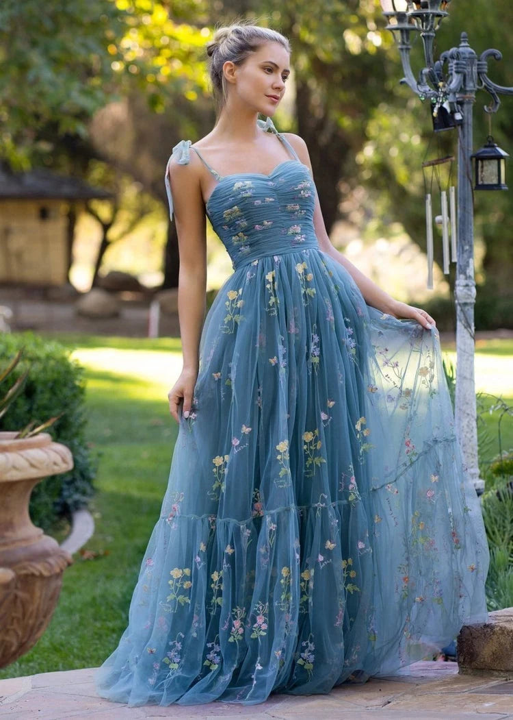 Enchanting A-Line Sweetheart Sleeveless Floral Tiered Dusty Blue Floor-Length Prom Gown