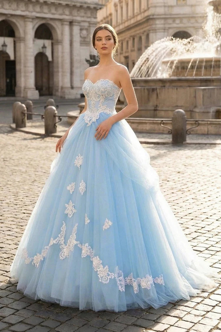 Enchanting Ball Gown Sweetheart Sleeveless Embroidered Tiered Light Blue Floor-Length Prom Dress