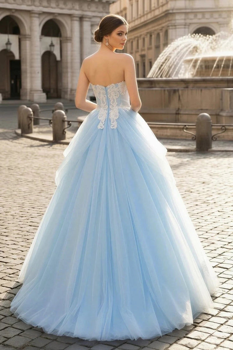 Enchanting Ball Gown Sweetheart Sleeveless Embroidered Tiered Light Blue Floor-Length Prom Dress