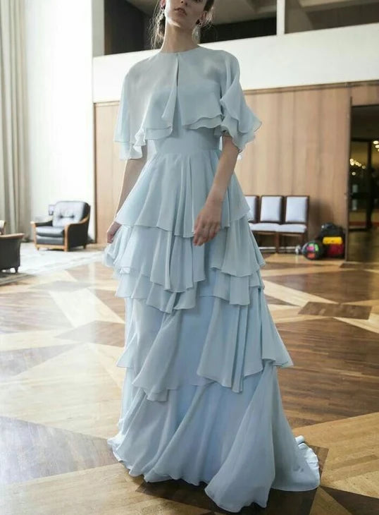 Ethereal A-Line Keyhole Neck Cape-Sleeve Open Back Tiered Ruffled Floor-Length Evening Dress