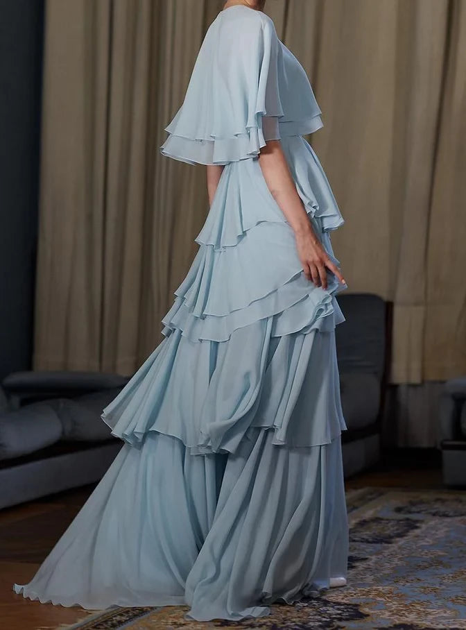 Ethereal A-Line Keyhole Neck Cape-Sleeve Open Back Tiered Ruffled Floor-Length Evening Dress