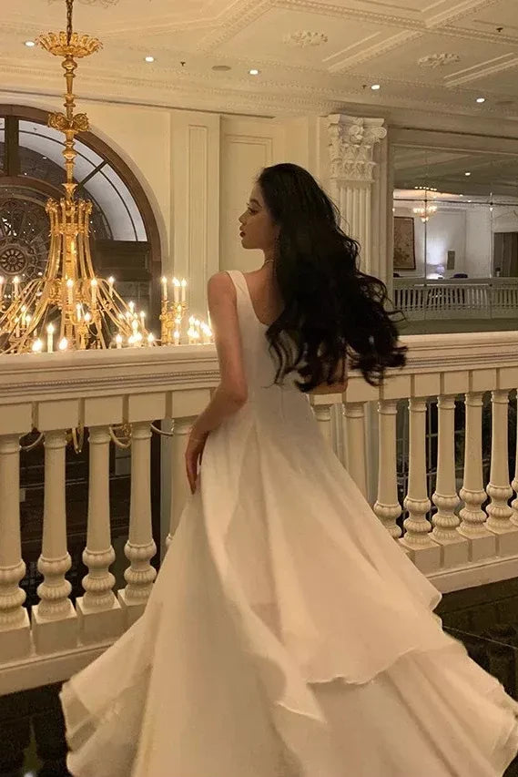 Ethereal A-Line Square Neck Sleeveless Open Back Asymmetrical Hem Evening Dress