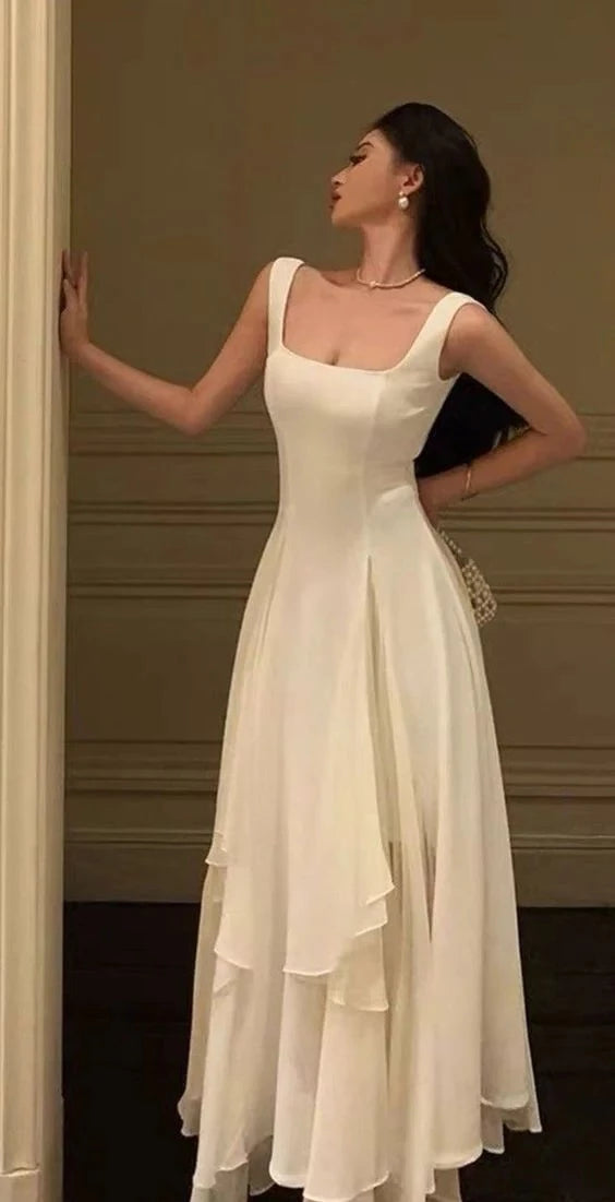 Ethereal A-Line Square Neck Sleeveless Open Back Asymmetrical Hem Evening Dress