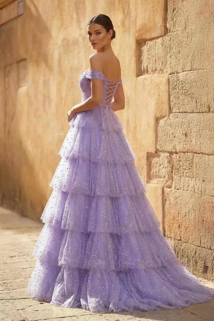 Ethereal Ball-Gown Sweetheart Off-The-Shoulder Short-Sleeve Lace-Up-Back Ruffled-Hem Floor-Length Prom Dress