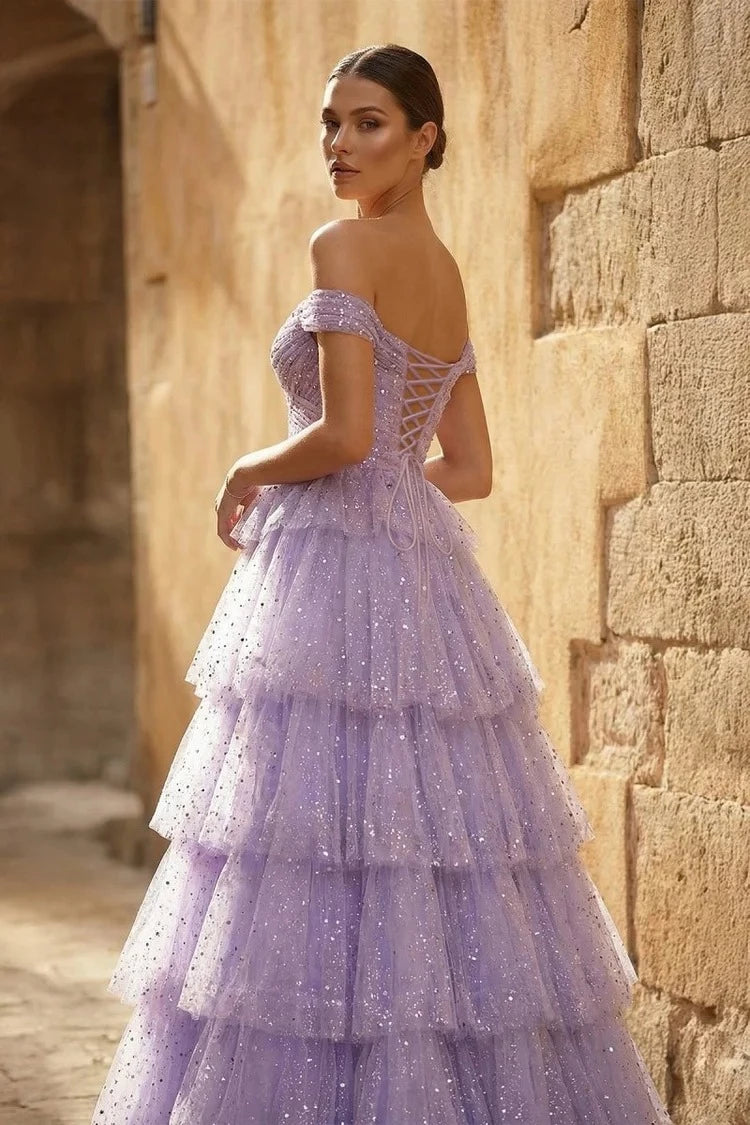 Ethereal Ball-Gown Sweetheart Off-The-Shoulder Short-Sleeve Lace-Up-Back Ruffled-Hem Floor-Length Prom Dress