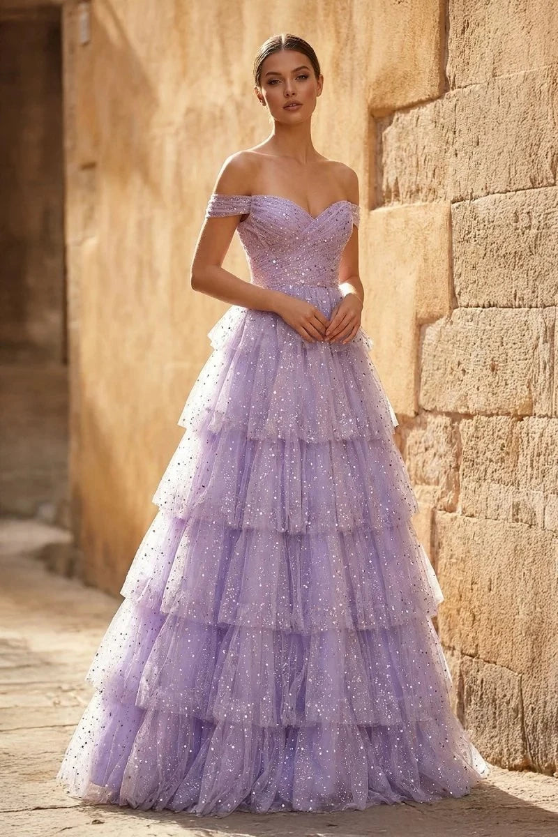 Ethereal Ball-Gown Sweetheart Off-The-Shoulder Short-Sleeve Lace-Up-Back Ruffled-Hem Floor-Length Prom Dress