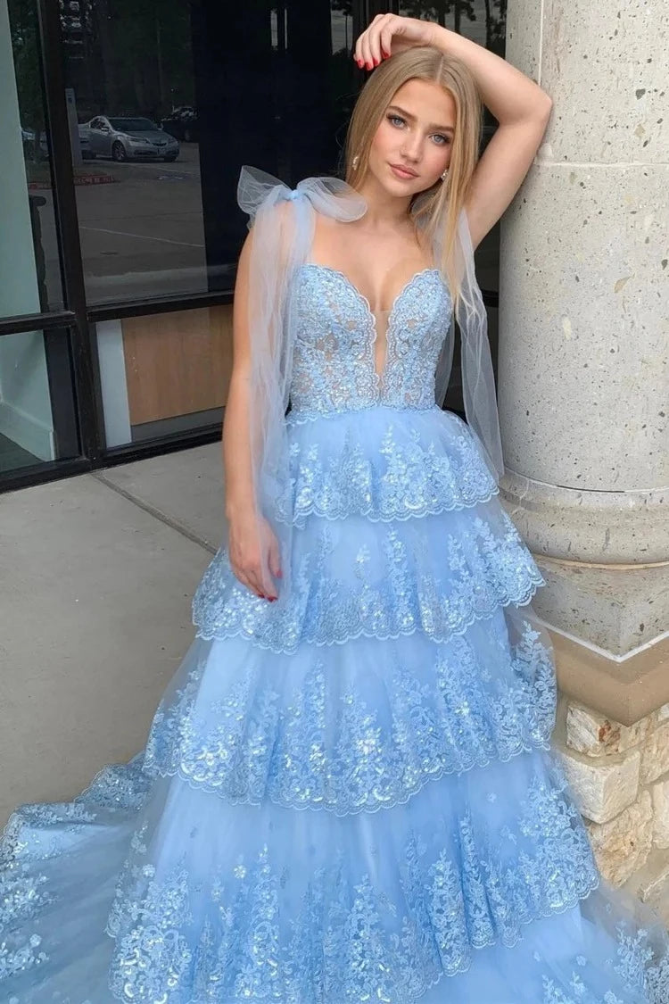 Ethereal Ball-Gown Sweetheart Spaghetti-Strap Lace-Bodice Ruffled-Hem Floor-Length Prom Dress