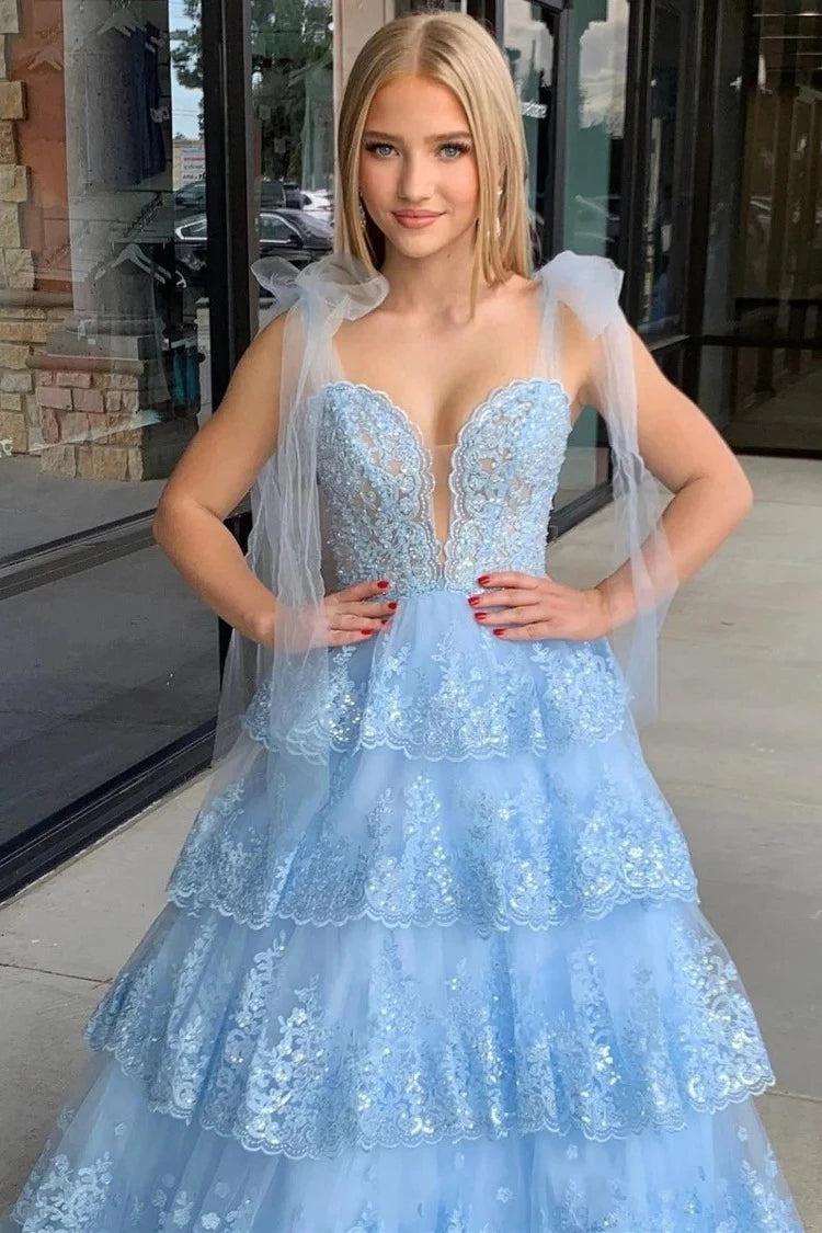 Ethereal Ball-Gown Sweetheart Spaghetti-Strap Lace-Bodice Ruffled-Hem Floor-Length Prom Dress