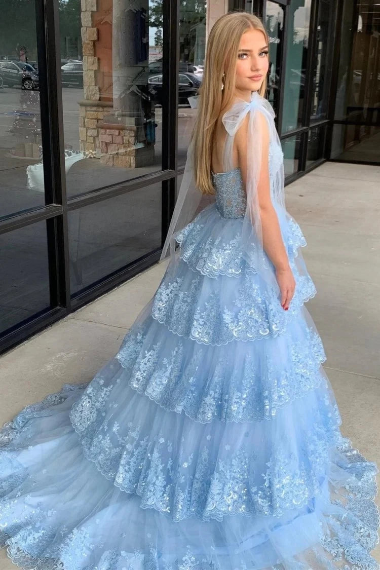 Ethereal Ball-Gown Sweetheart Spaghetti-Strap Lace-Bodice Ruffled-Hem Floor-Length Prom Dress