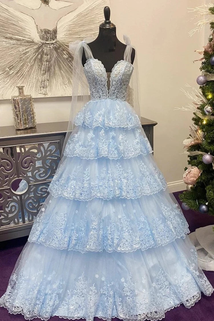 Ethereal Ball-Gown Sweetheart Spaghetti-Strap Lace-Bodice Ruffled-Hem Floor-Length Prom Dress