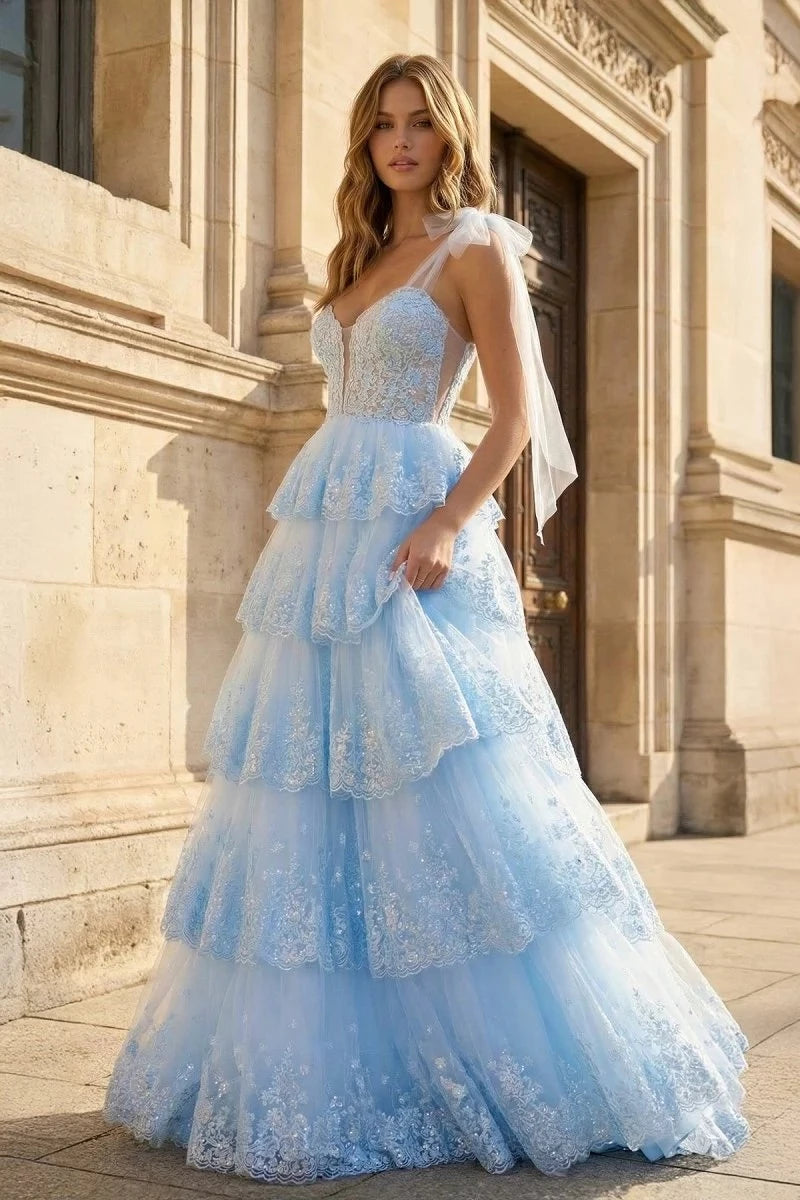 Ethereal Ball-Gown Sweetheart Spaghetti-Strap Lace-Bodice Ruffled-Hem Floor-Length Prom Dress