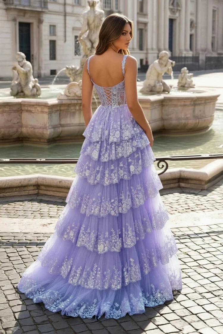 Ethereal Ball-Gown Sweetheart Spaghetti-Strap Lace-Up-Back Ruffled-Hem Floor-Length Prom Dress