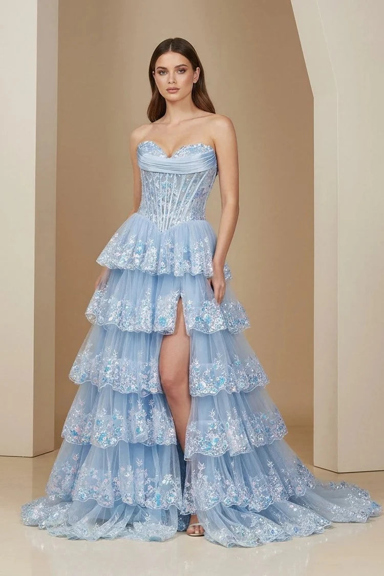 Ethereal Ball-Gown Sweetheart Strapless Lace-Up-Back Ruffled-Hem Floor-Length Prom Dress