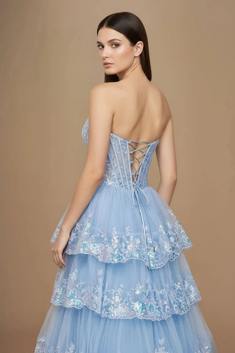 Ethereal Ball-Gown Sweetheart Strapless Lace-Up-Back Ruffled-Hem Floor-Length Prom Dress