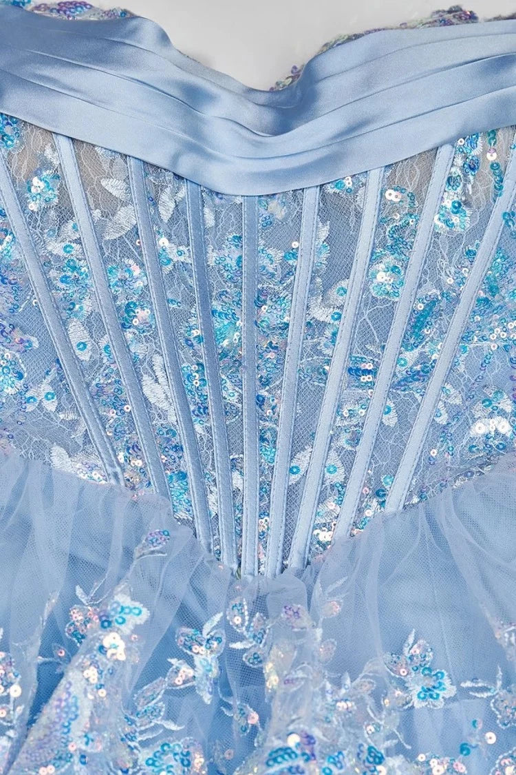 Ethereal Ball-Gown Sweetheart Strapless Lace-Up-Back Ruffled-Hem Floor-Length Prom Dress