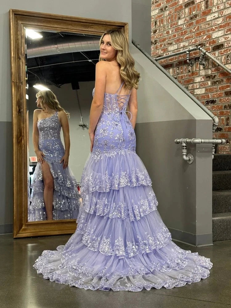Ethereal Mermaid One-Shoulder Sleeveless Lace-Up-Back Ruffled-Hem Floor-Length Prom Dress