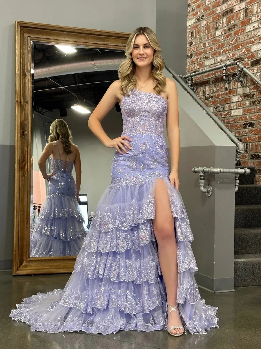 Ethereal Mermaid One-Shoulder Sleeveless Lace-Up-Back Ruffled-Hem Floor-Length Prom Dress