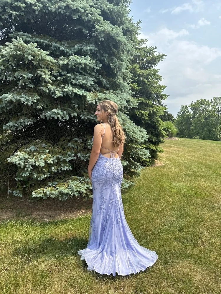 Ethereal Mermaid Plunge Neck Spaghetti Strap Lace Up Back Train Length Evening Dress