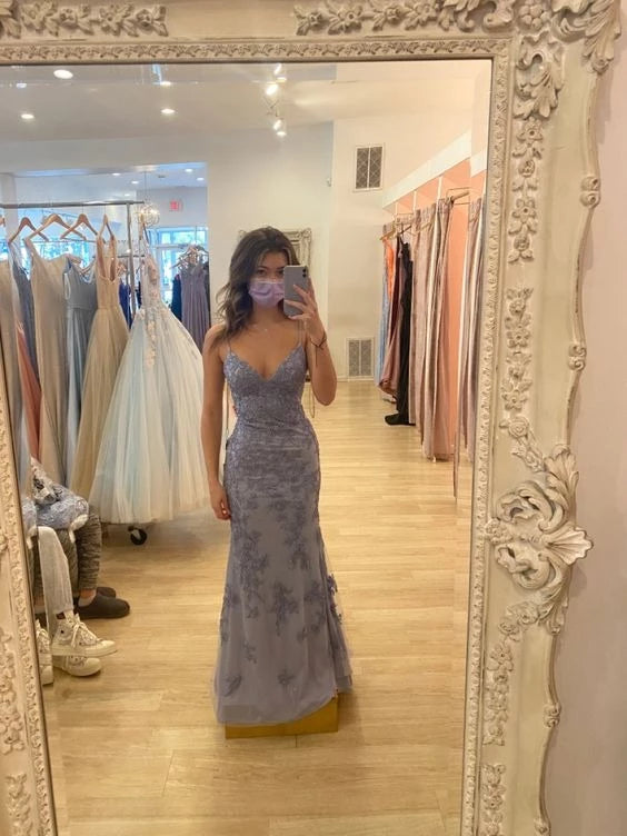 Ethereal Mermaid Plunge Neck Spaghetti Strap Lace Up Back Train Length Evening Dress