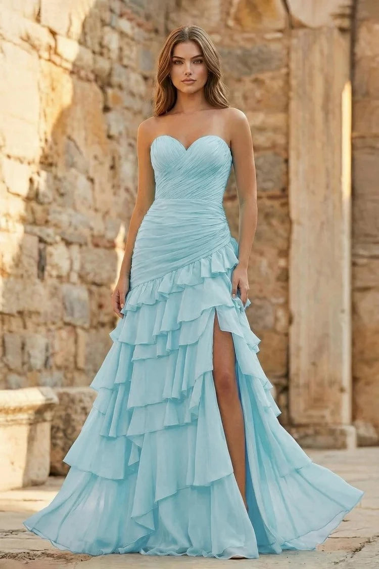 Ethereal Mermaid Sweetheart Strapless Lace-Up-Back Ruffled-Hem Floor-Length Prom Dress