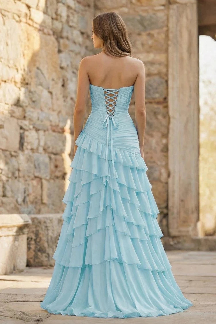 Ethereal Mermaid Sweetheart Strapless Lace-Up-Back Ruffled-Hem Floor-Length Prom Dress