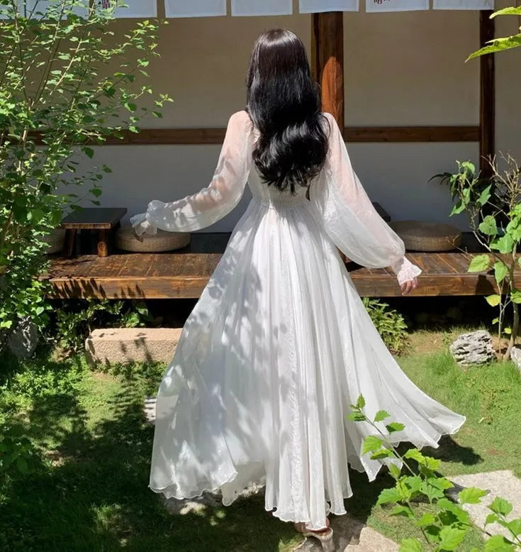 Ethereal Off-The-Shoulder Smocked Puff Long Sleeve Flowy Chiffon Floor-Length Evening Dress