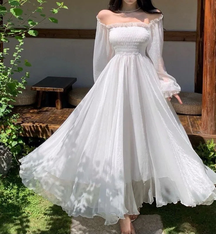 Ethereal Off-The-Shoulder Smocked Puff Long Sleeve Flowy Chiffon Floor-Length Evening Dress