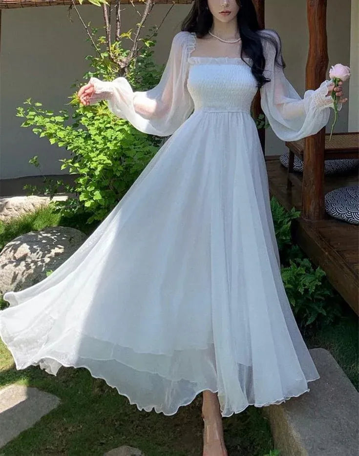 Ethereal Off-The-Shoulder Smocked Puff Long Sleeve Flowy Chiffon Floor-Length Evening Dress