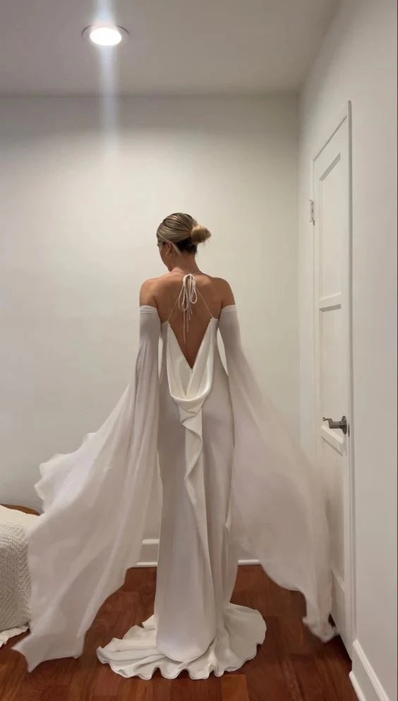 Ethereal Sheath Cowl Neck Off-The-Shoulder Cape-Sleeve Low-Back Satin Train Evening Dress