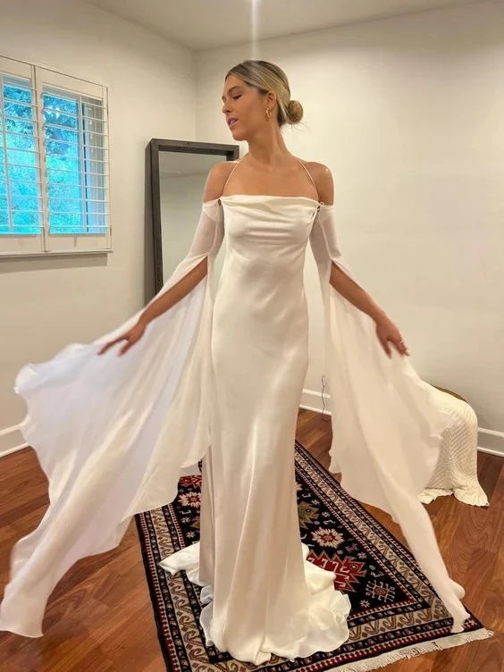Ethereal Sheath Cowl Neck Off-The-Shoulder Cape-Sleeve Low-Back Satin Train Evening Dress