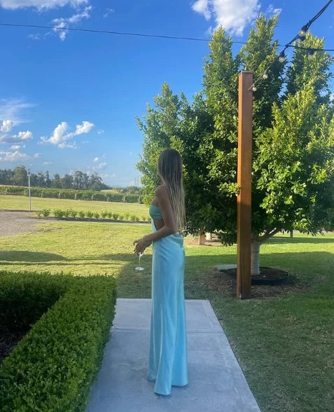 Ethereal Slim Square Neck Spaghetti Strap Cut Out Back Floor Length Evening Dress