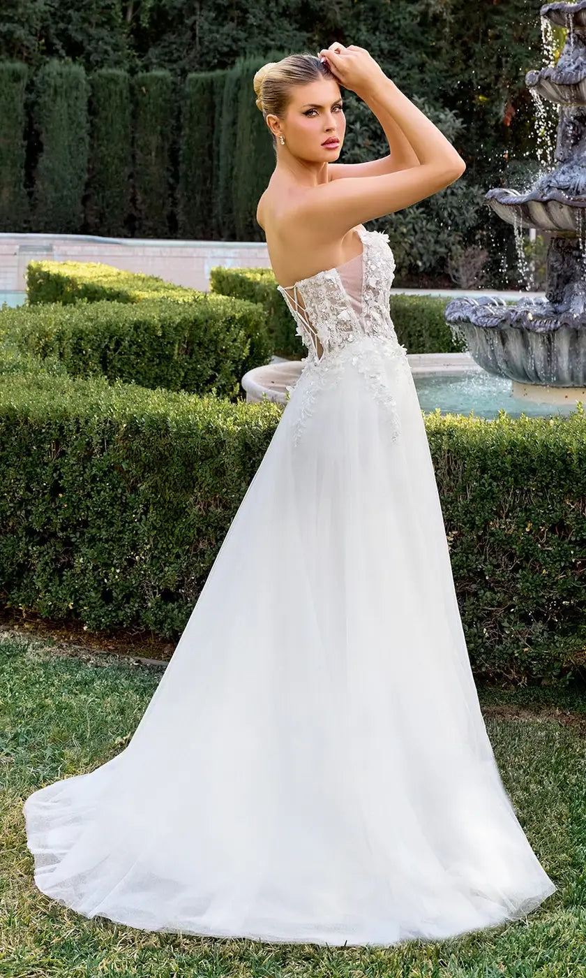 Ethereal A-Line Strapless Sleeveless Corset Floral White Long Prom Dresses Women Gown