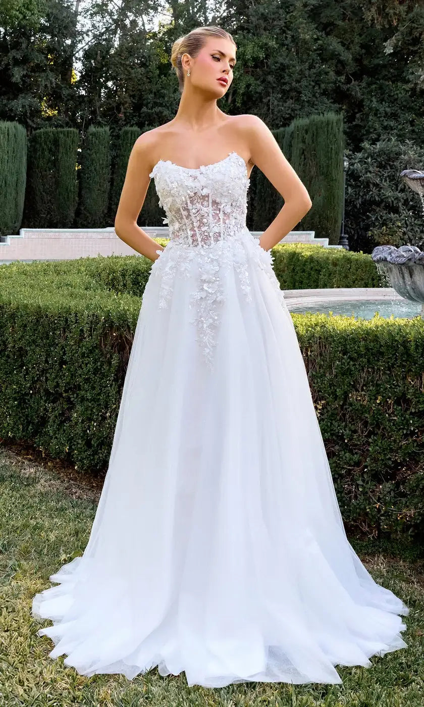 Ethereal A-Line Strapless Sleeveless Corset Floral White Long Prom Dresses Women Gown