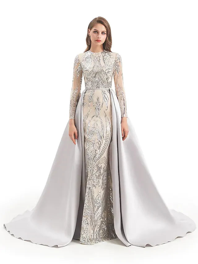 Wholesa Ball Gown Luxurious Sparkle Prom Formal Evening Dress Jewel Neck Long Sleeve Detachable Sequined with Overskirt Pattern Print Appliques