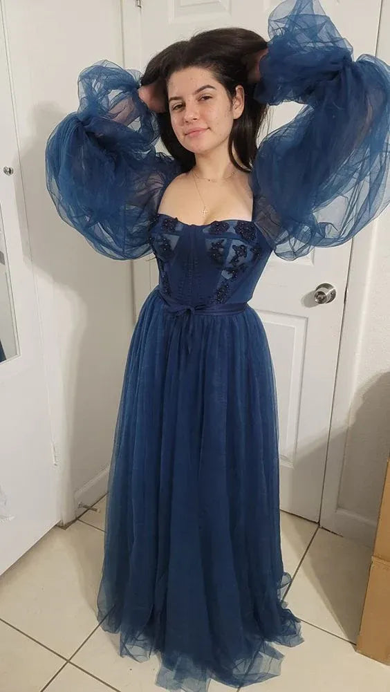 Fairy A-Line Sweetheart Corset Puff Sheer Tulle Floor-Length Lace Formal Evening Dress