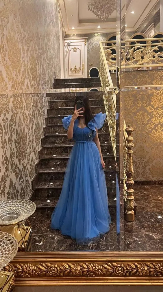 Fairy A-Line Sweetheart Ruffle Off-Shoulder Belted Multi-Layer Tulle Floor-Length Evening Dress