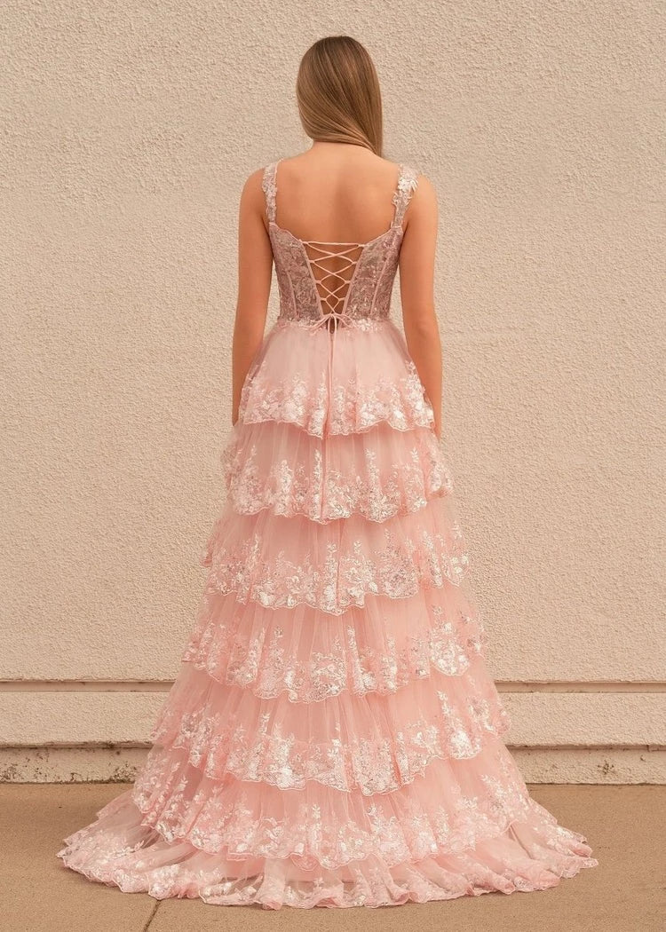 Romantic Ball-Gown Sweetheart Spaghetti-Strap Lace-Up-Back Ruffled-Hem Floor-Length Prom Dress