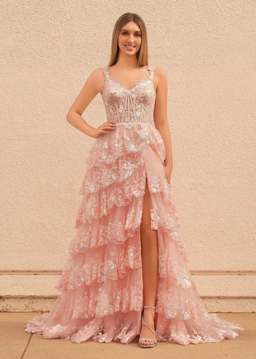 Romantic Ball-Gown Sweetheart Spaghetti-Strap Lace-Up-Back Ruffled-Hem Floor-Length Prom Dress