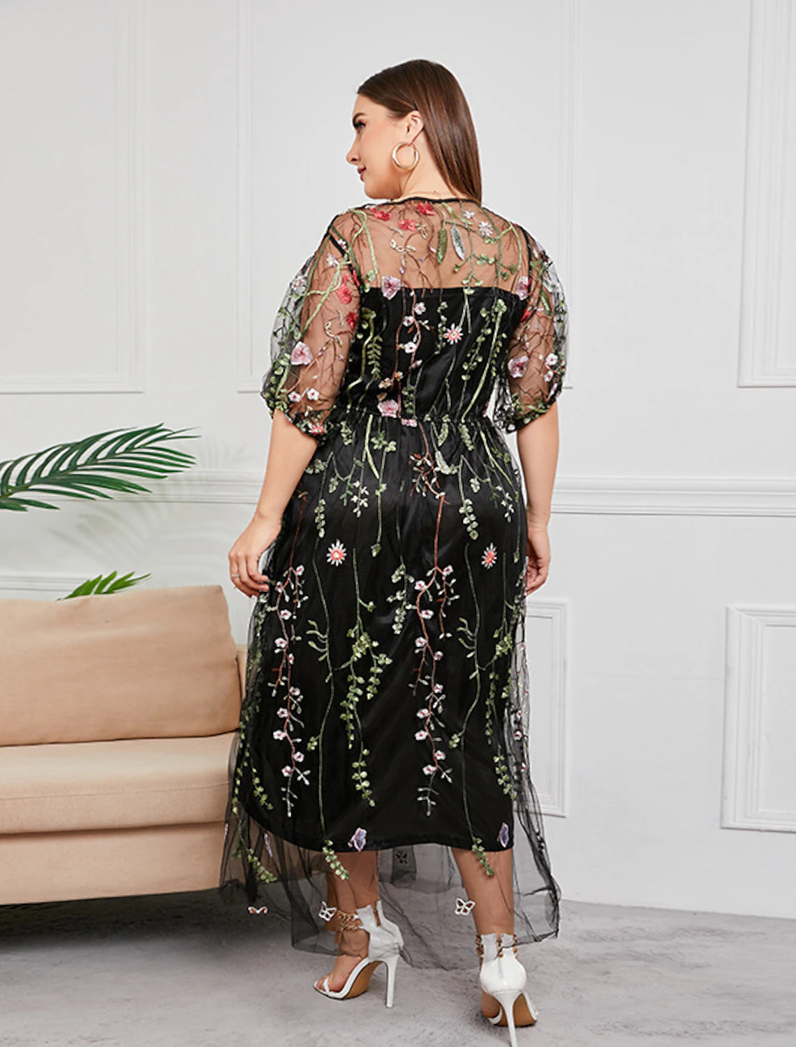 Full view of the plus size scoop neck tulle dress with half sleeves and embroidery.