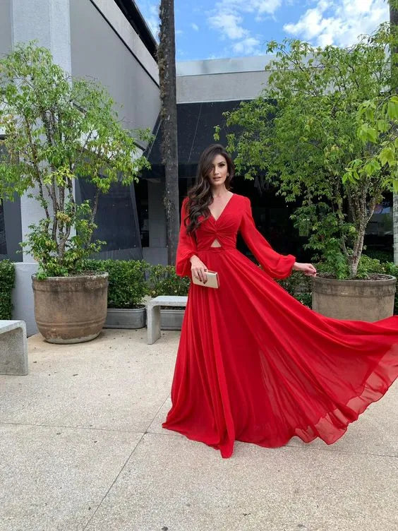 Flowy A-Line V-Neck Long Sleeve Cut-Out Plain Back Floor Length Formal Evening Dress