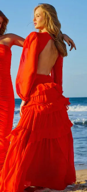 Flowy A-Line V-Neck Long Sleeve Open-Back Floor Length Formal Evening Dress