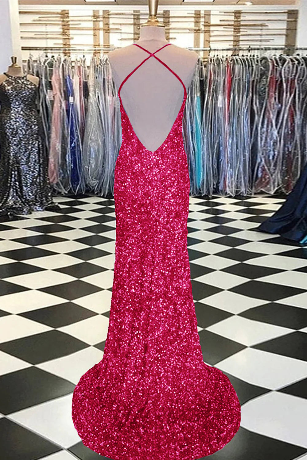 Wholesa Mermaid Sequined Backless Sexy Ball Gown