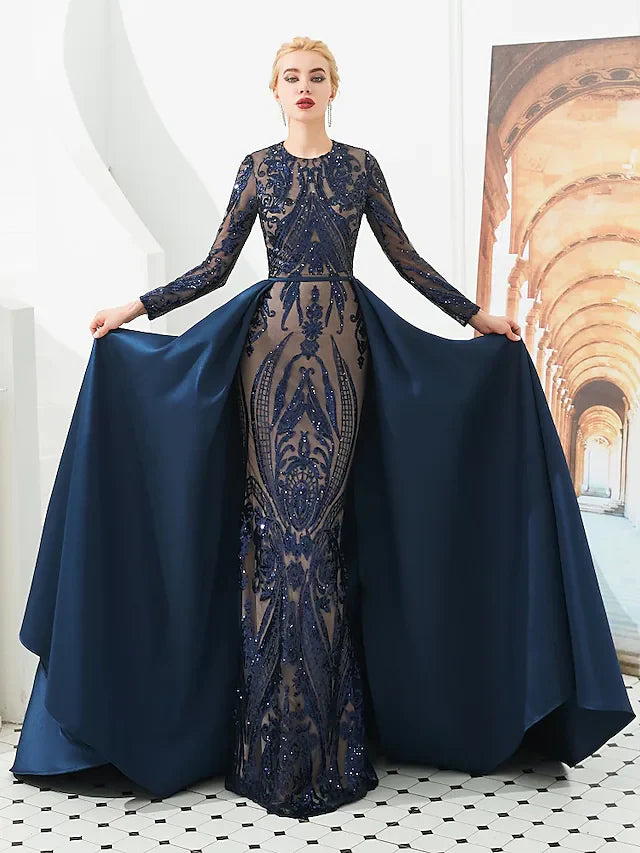 Wholesa Ball Gown Luxurious Sparkle Prom Formal Evening Dress Jewel Neck Long Sleeve Detachable Sequined with Overskirt Pattern Print Appliques
